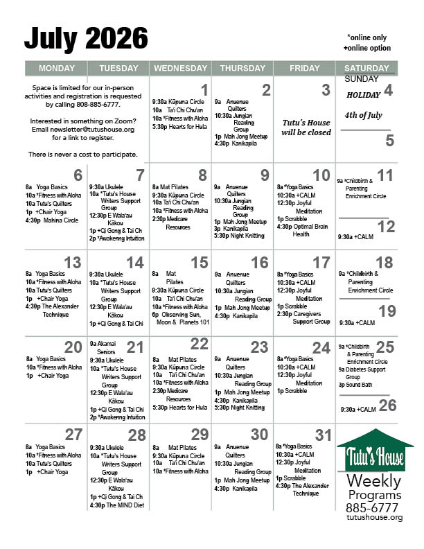 Calendar for July activities