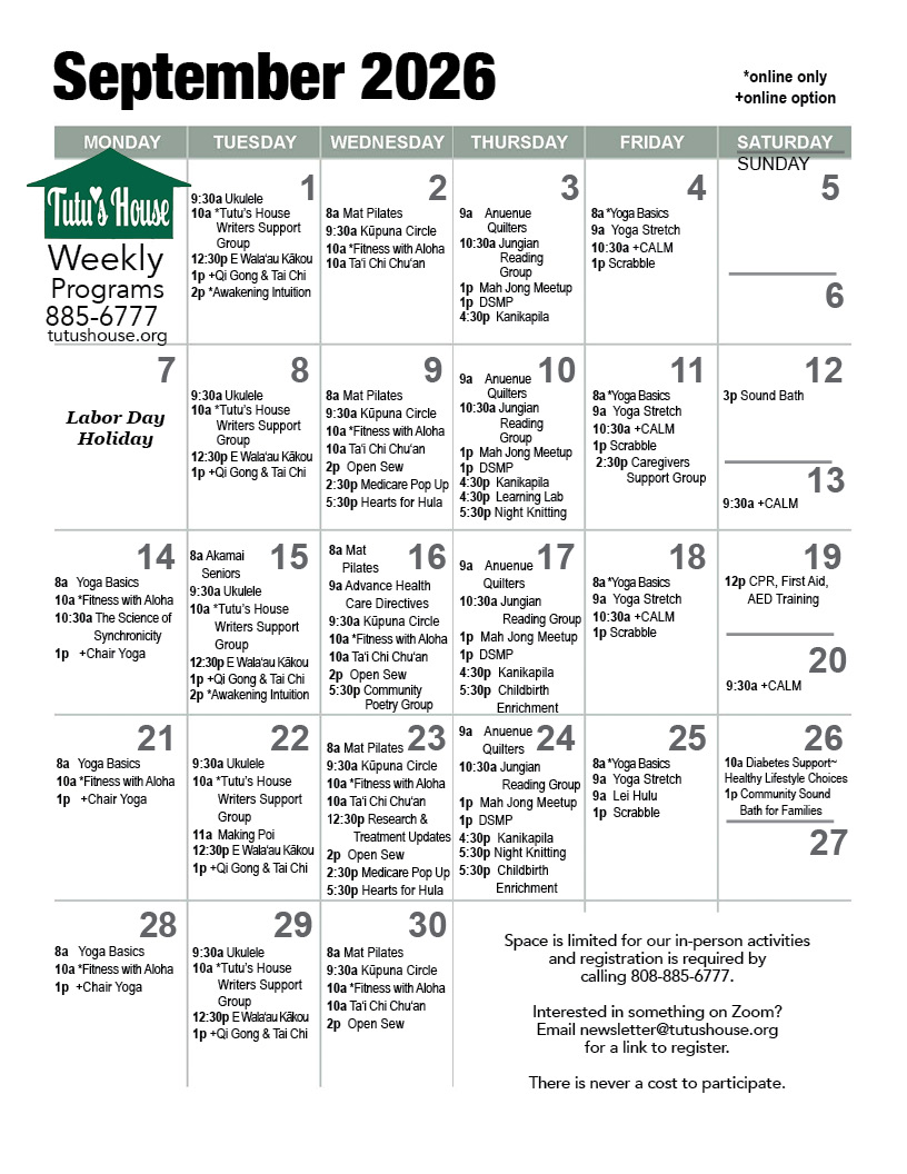 Tutu's House September Calendar
